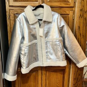 A New Day Faux Fur Silver Bomber Jacket, NWT!